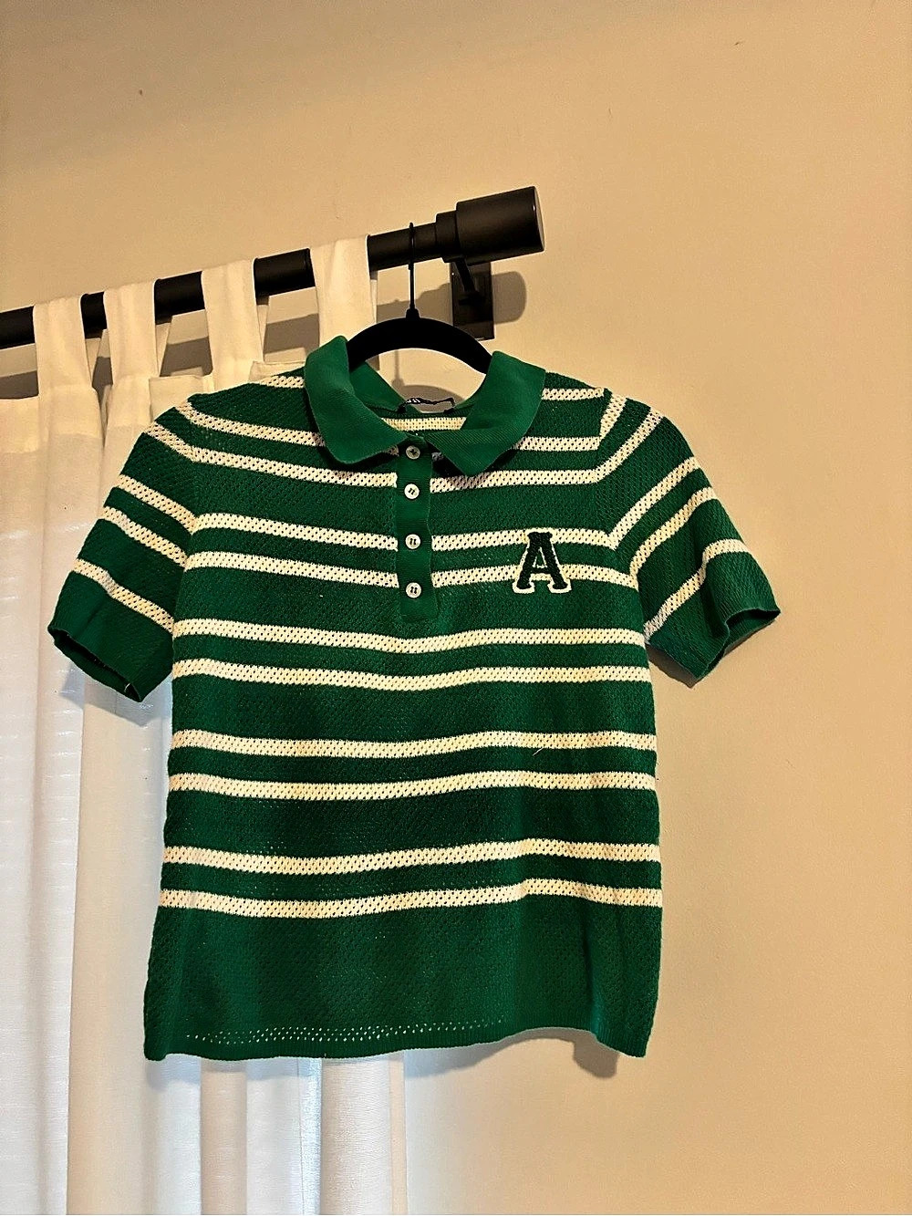Zara Striped Short Sleeve Polo Green & White Medium Like New